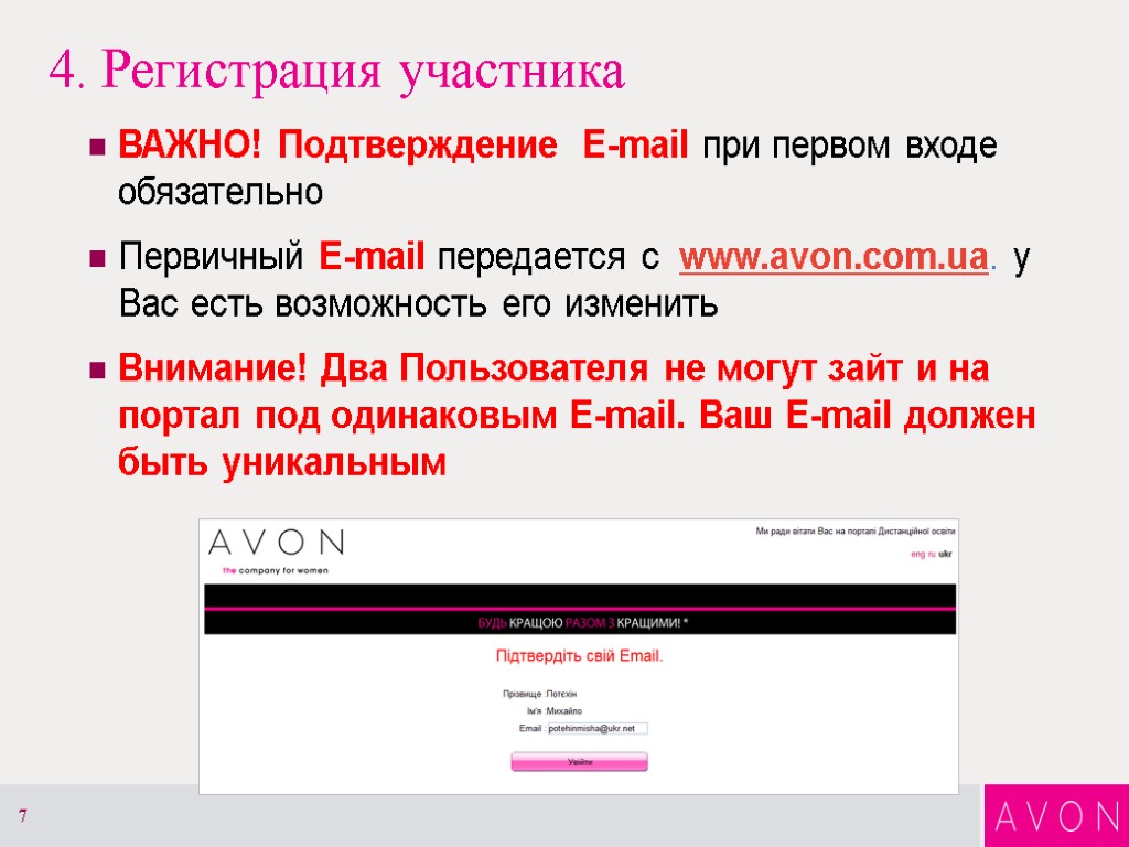 4. Регистрация участника ВАЖНО! Подтверждение E-mail при первом входе обязательно Первичный E-mail передается с